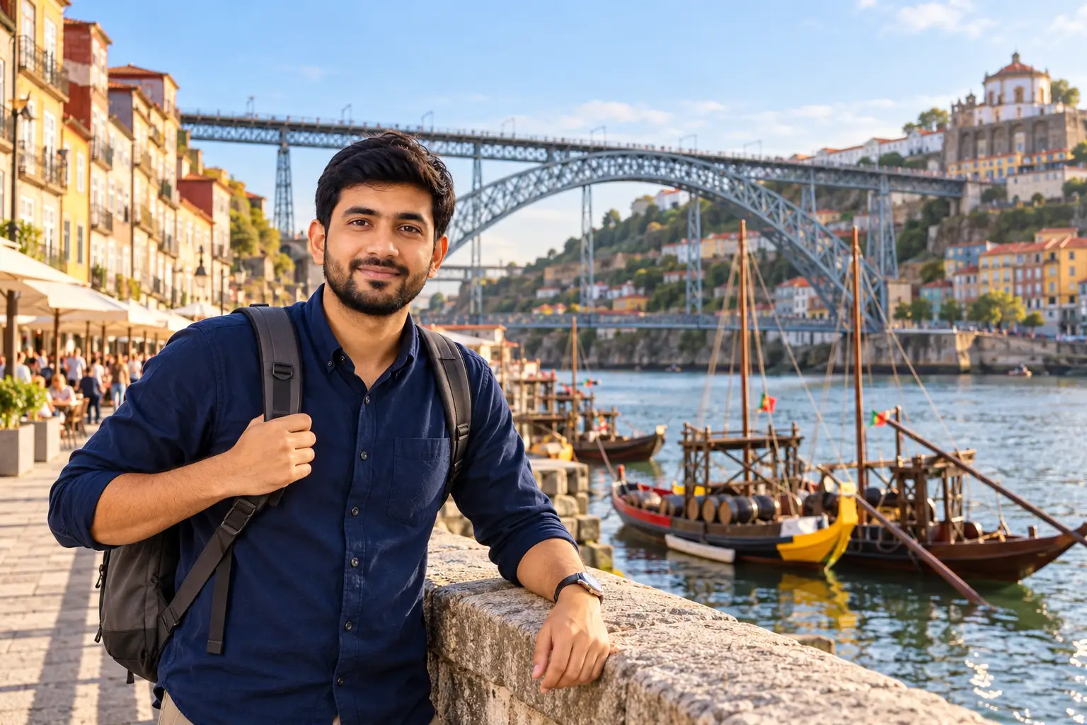 Adnan Ahmed beside Porto’s Ribeira waterfront after the Lisbon to Porto journey