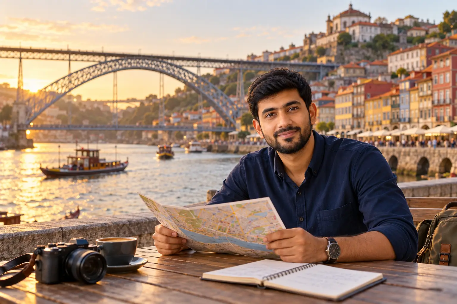 Adnan Ahmed reviewing a seven-day Portugal itinerary beside the Douro River in Porto