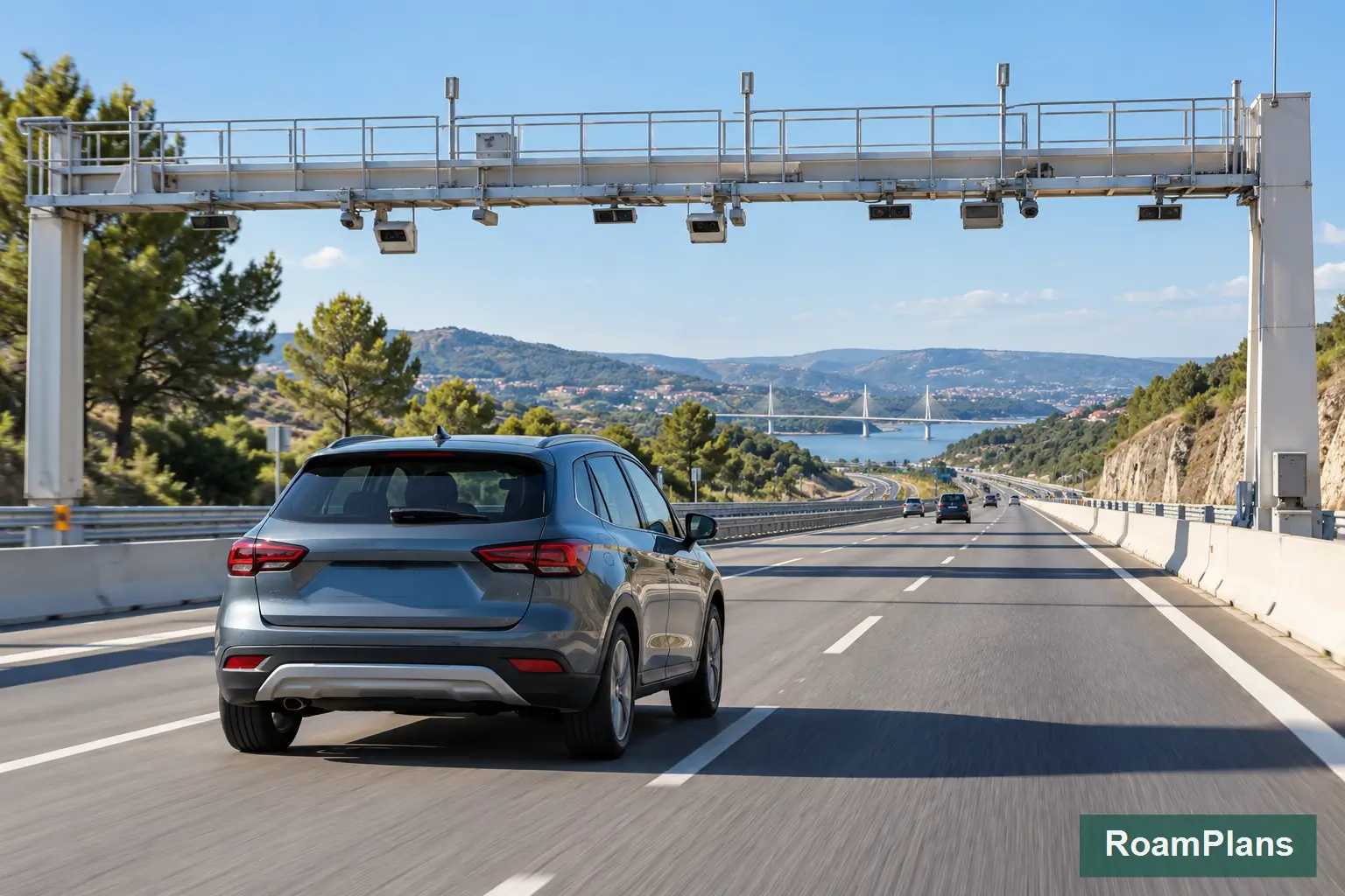 Car passing beneath an electronic toll gantry on a Portugal motorway