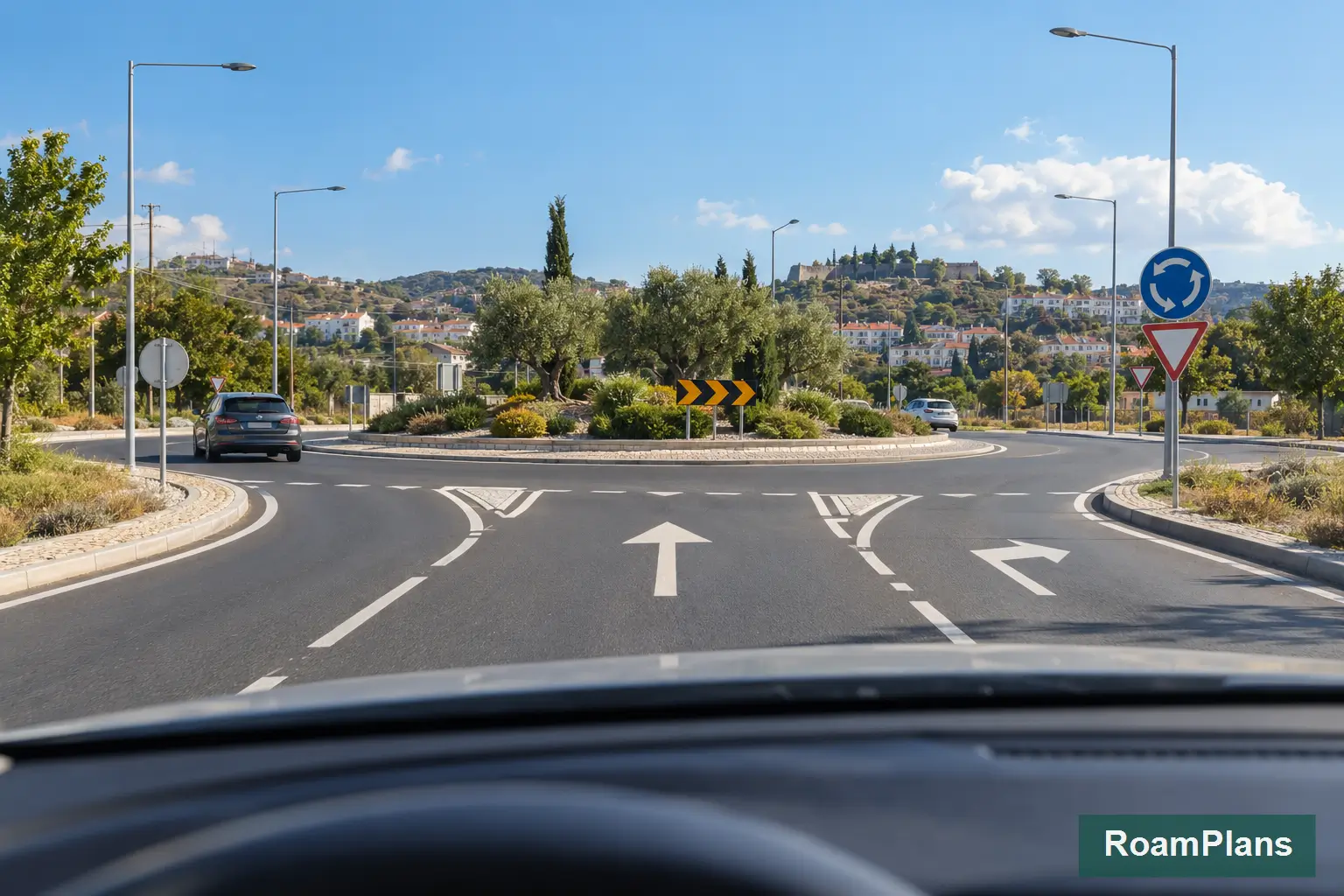 Driver approaching a Portuguese roundabout and yielding to circulating traffic