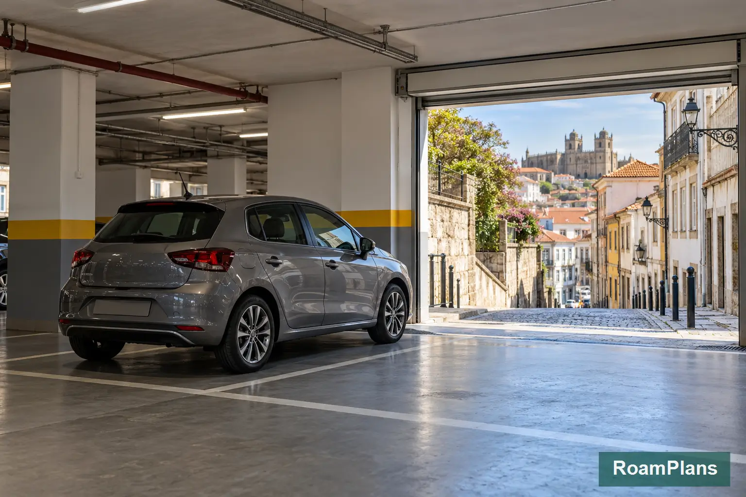 Marked street parking beside the historic center of a Portuguese city