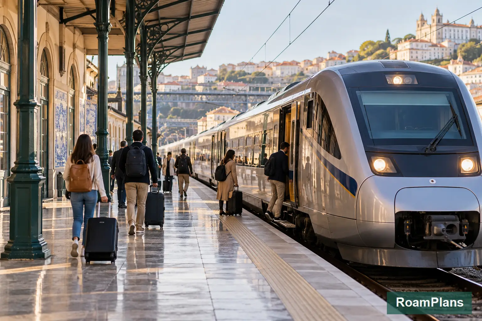 Passengers boarding an intercity train for rail travel between Portuguese cities