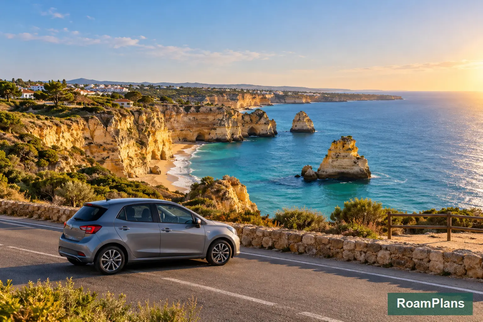 Rental car exploring a scenic coastal road in Portugal's wider Algarve region