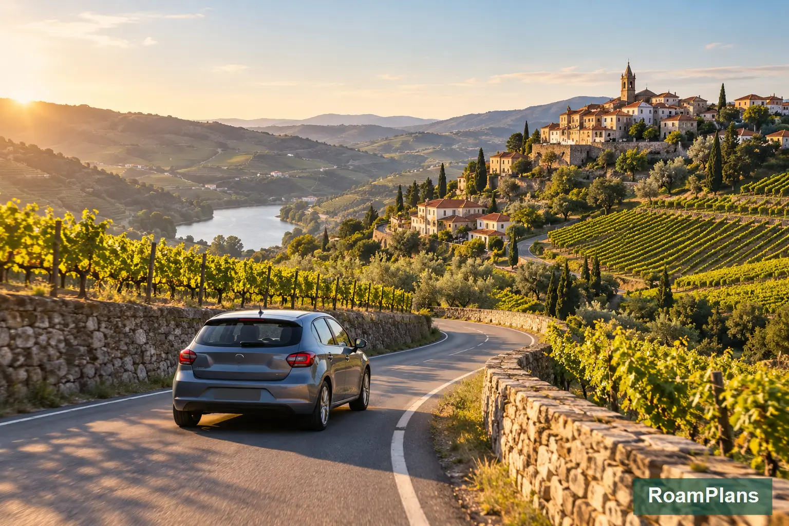 Rental car on a rural Portugal road for flexible countryside travel