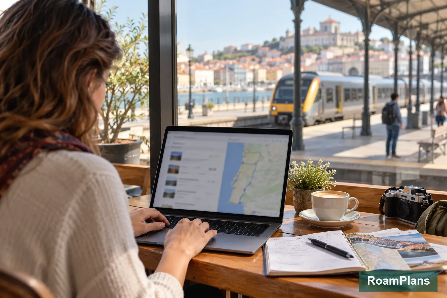 Traveler comparing Portugal train times and booking rail tickets online