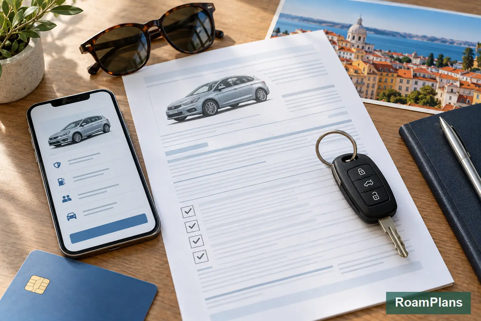 Traveler reviewing Portugal rental car insurance coverage, excess and deposit terms