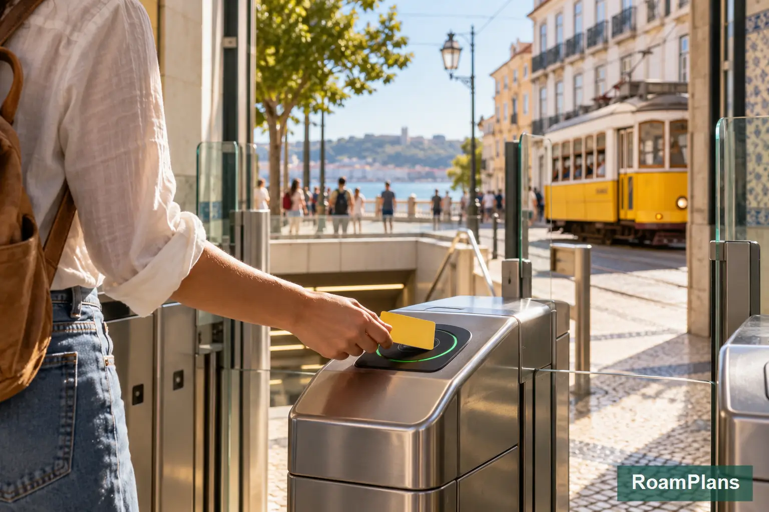 Traveler tapping a transit card beside a yellow Lisbon tram while exploring without a car