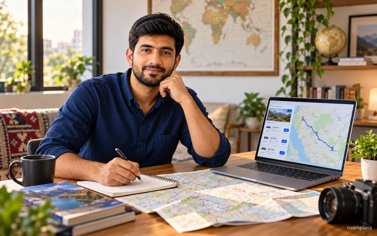 Adnan checking a long-distance bus route, exact pickup point, luggage rules, and hotel connection