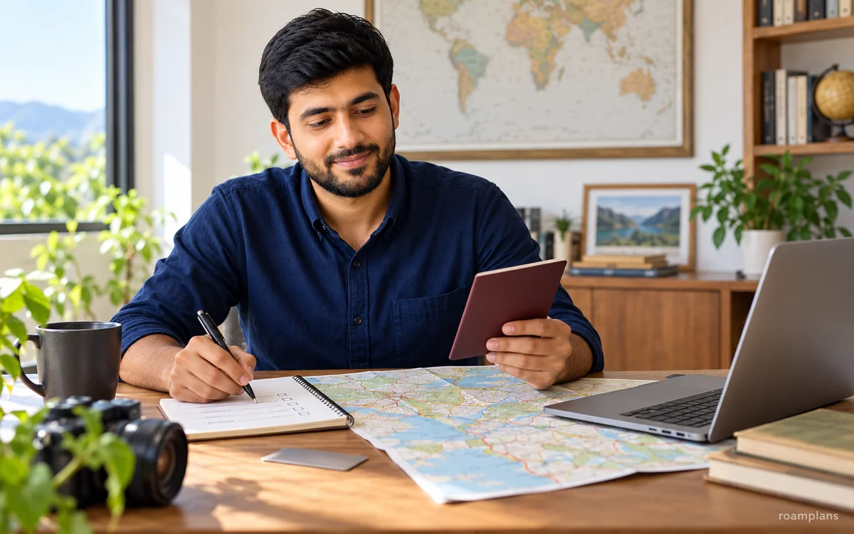 Adnan checking a driver licence, International Driving Permit, passport, insurance papers, and an offline road map