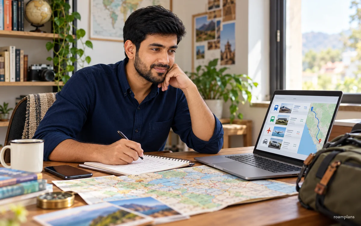 Adnan comparing train, bus, flight, and rental car routes on a laptop and printed map
