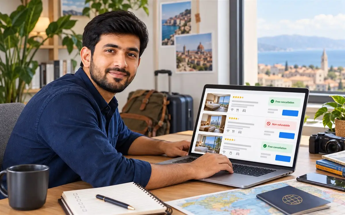 Adnan comparing hotel booking websites and flexible cancellation terms