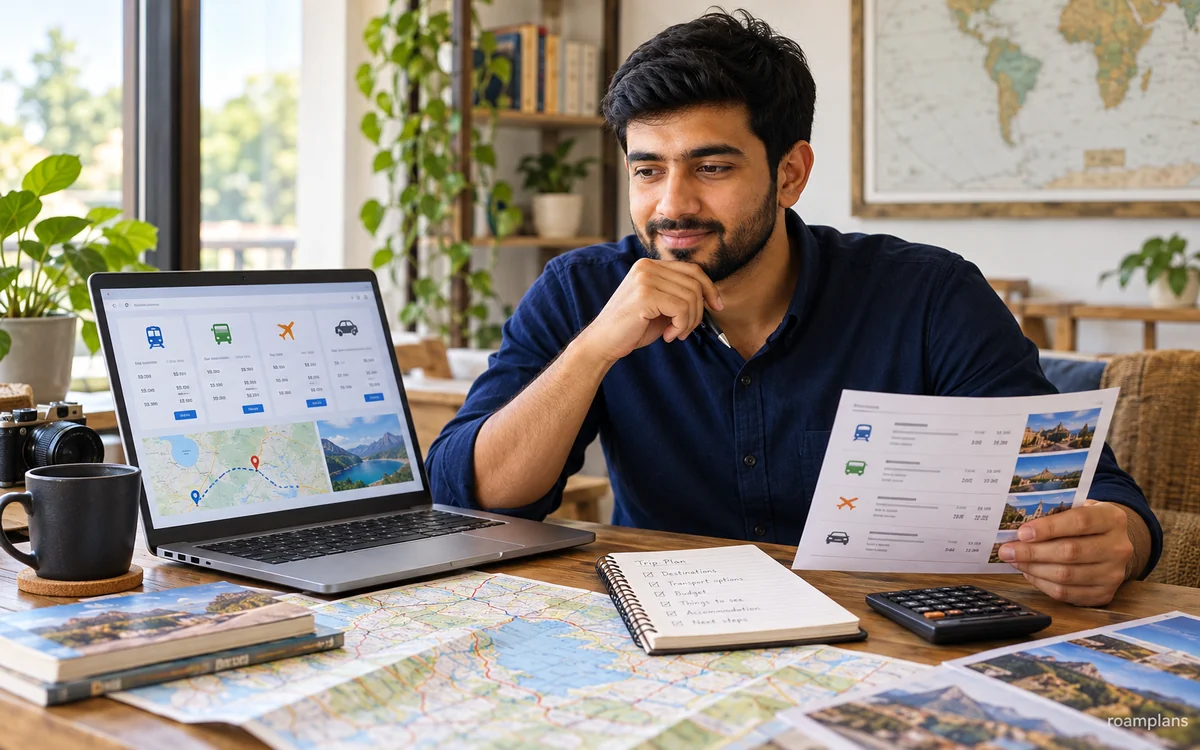 Adnan comparing flight, train, bus, taxi, and rental car costs with tickets, maps, and a notebook