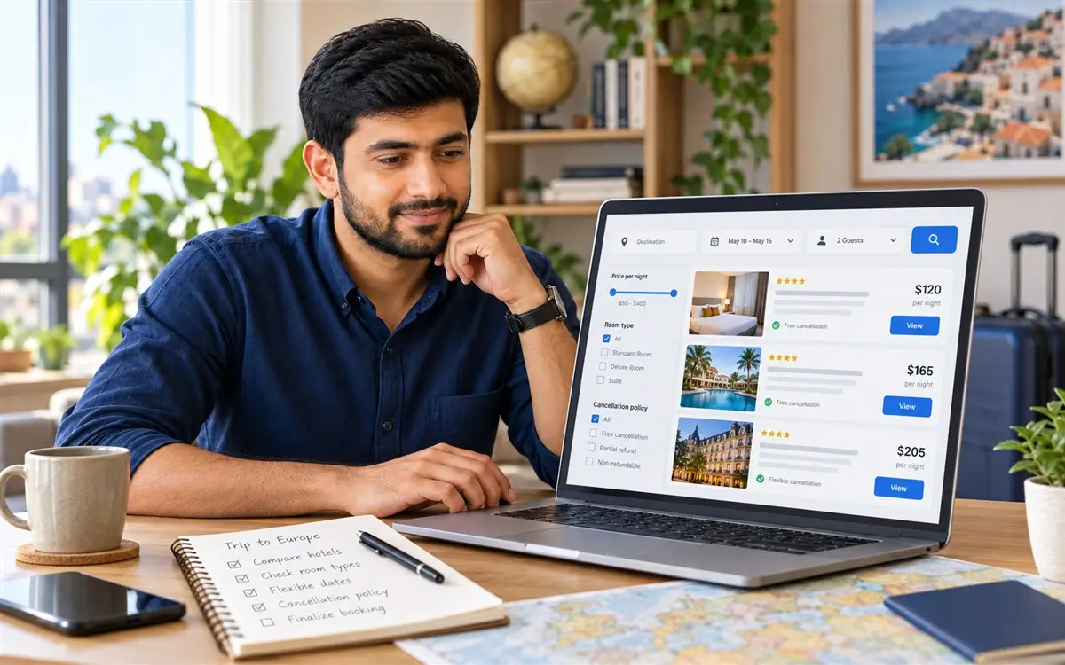 Adnan comparing hotel prices, room types, dates, and cancellation terms on a laptop