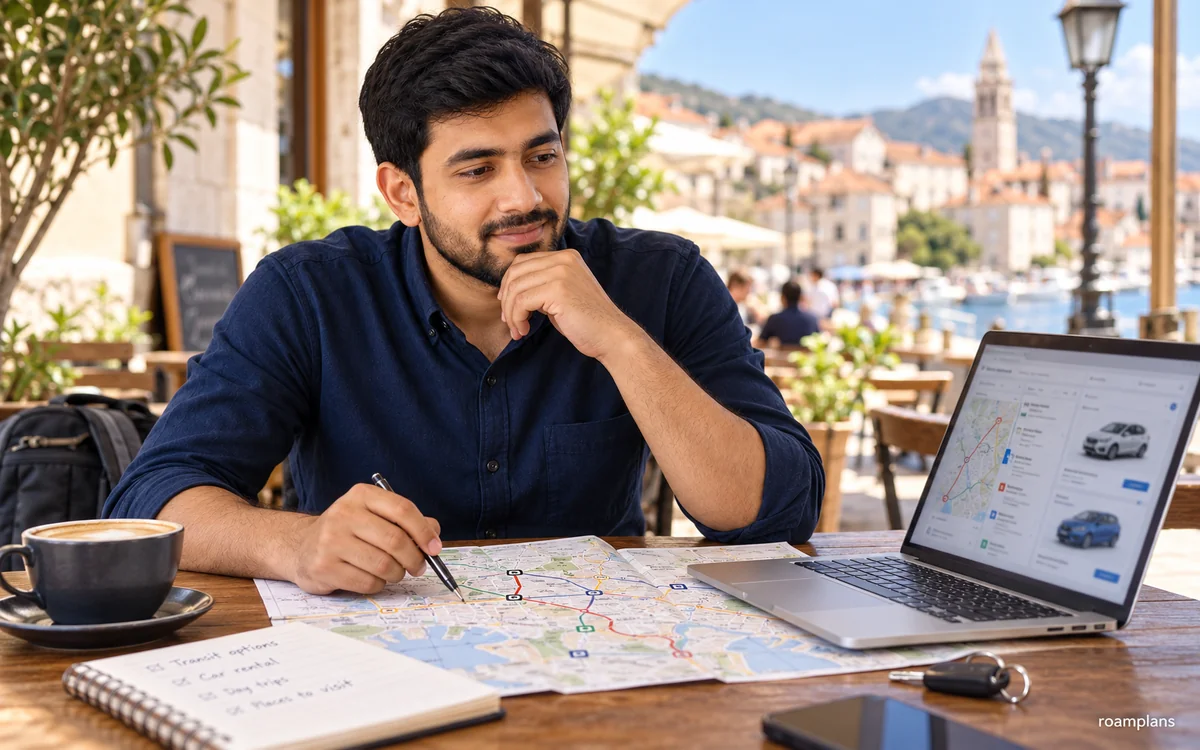 Author comparing metro and rental car options