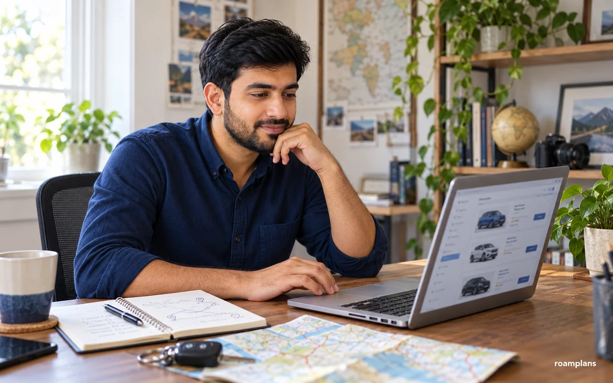 Adnan comparing rental car prices, parking costs, route needs, and vehicle sizes on a laptop