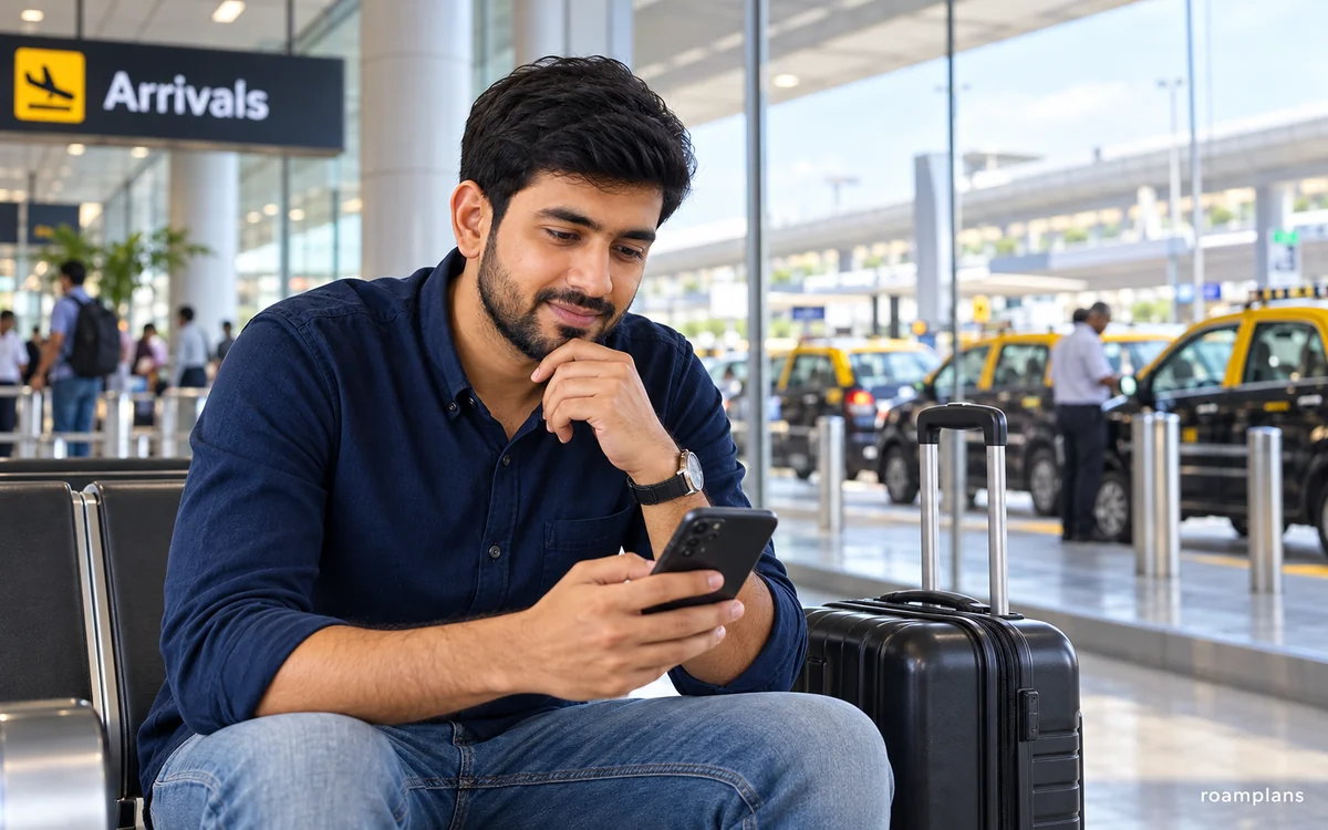Adnan comparing an official taxi, Uber estimate, and local ride app before leaving the airport