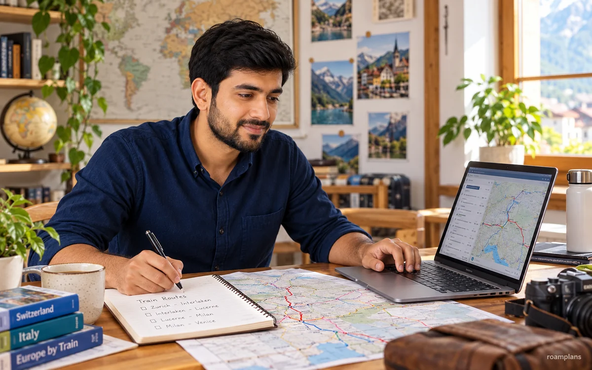 Adnan comparing train routes, station locations, journey times, and hotel connections