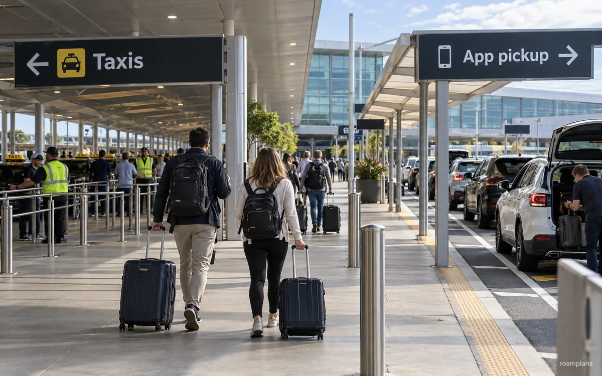 Airport signs directing travelers to the official taxi rank and ride-app pickup zone