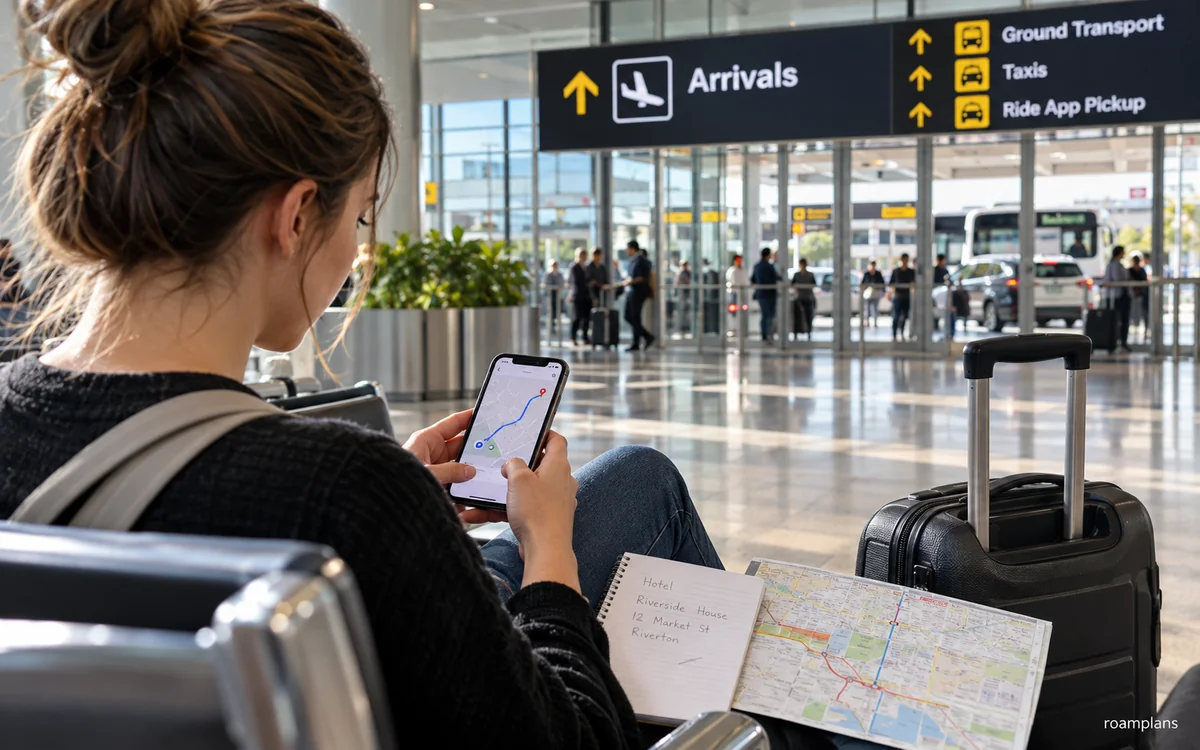 Traveler checking airport transport, metro lines, taxi rank, hotel address, and offline route screenshots