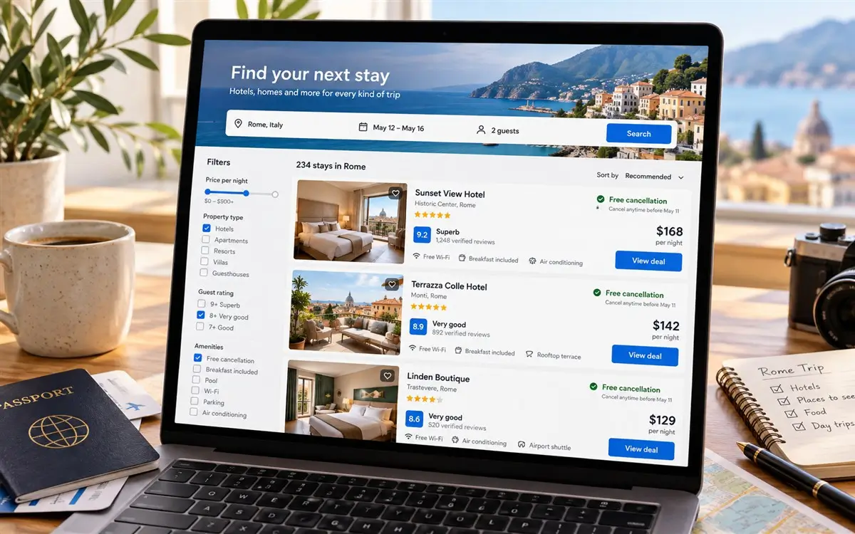 Booking.com hotel filters, reviews, and free cancellation labels