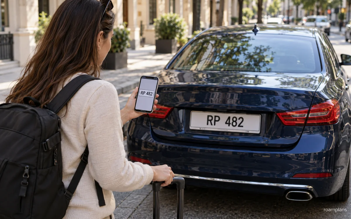 Traveler checking the vehicle number plate, driver photo, and destination before entering