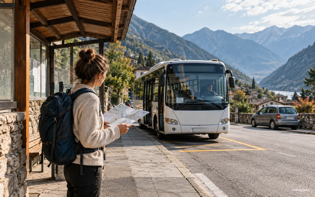 Traveler reviewing city transit, rural driving, and mountain transport options
