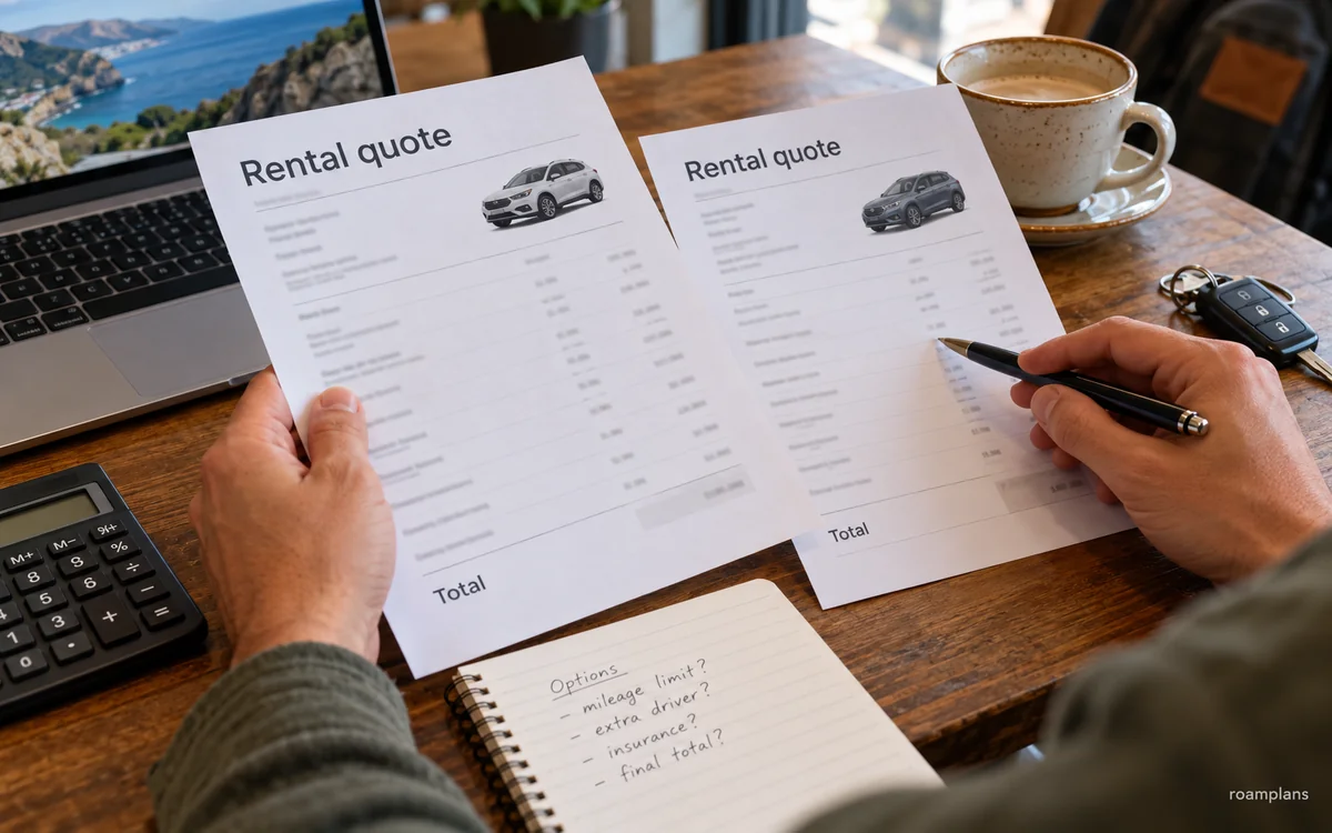 Traveler comparing rental car base rates, insurance, taxes, deposit, mileage, and one-way fees
