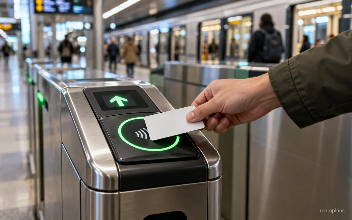 Traveler tapping a bank card at a transport gate