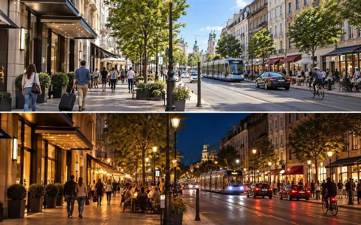 Traveler comparing the same hotel neighborhood during daylight and after dark