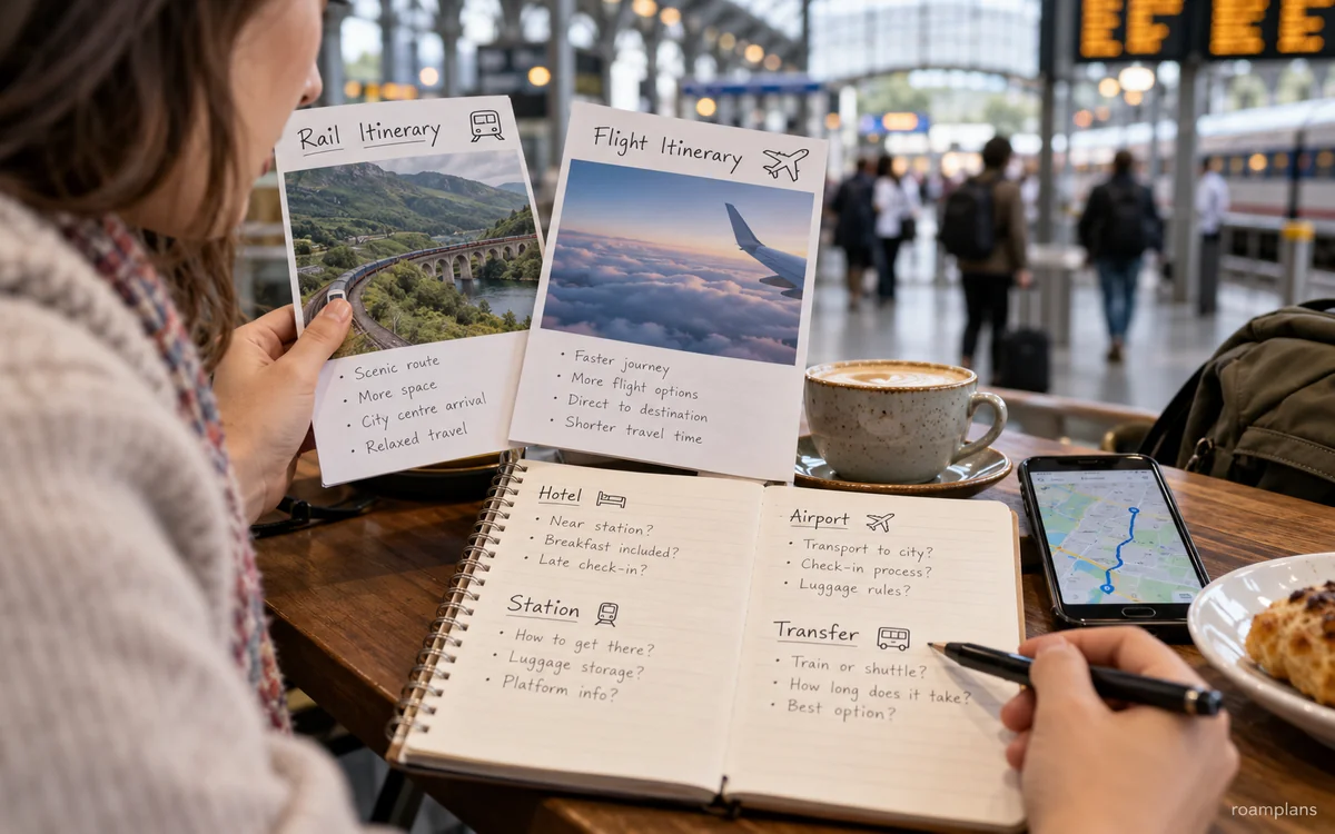 Traveler comparing airport, train station, bus, and hotel transfer times