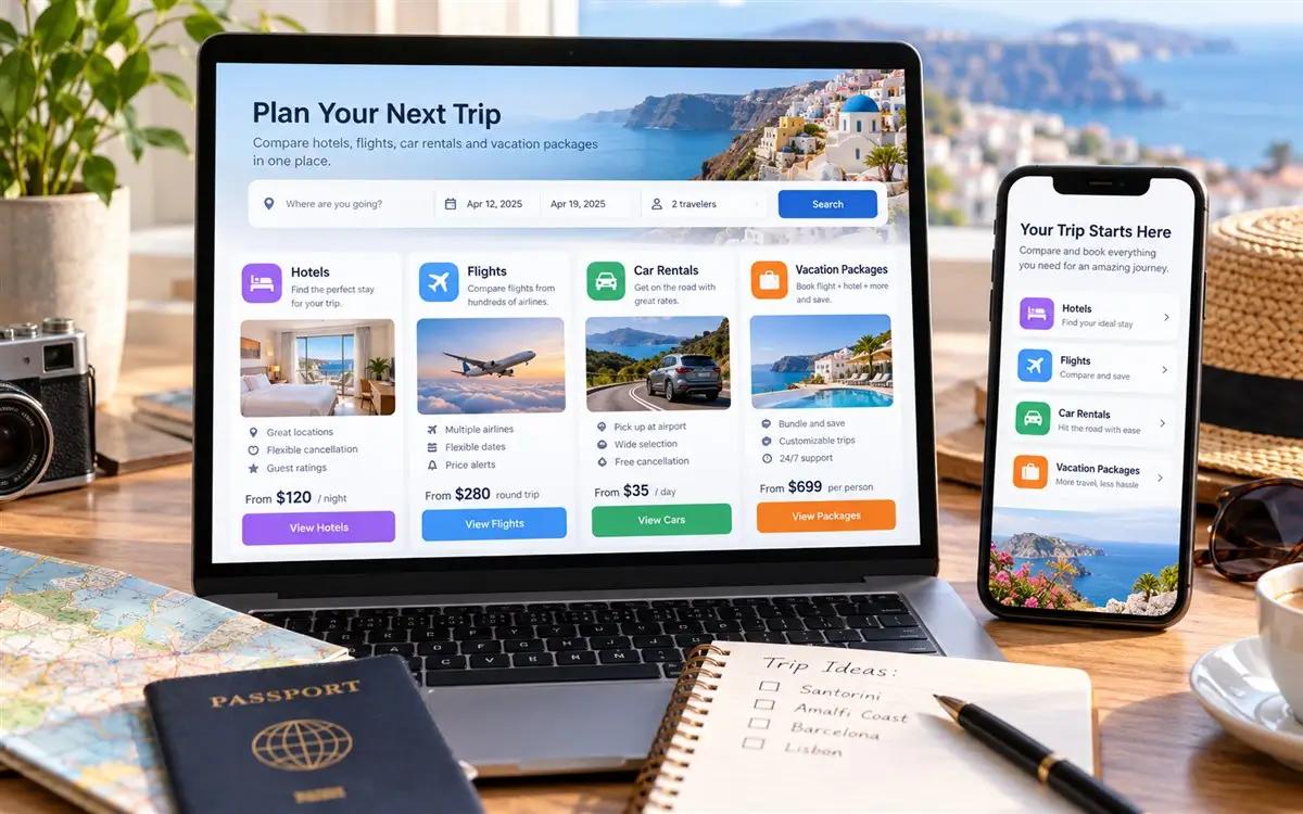 Expedia hotel, flight, car rental, and package options