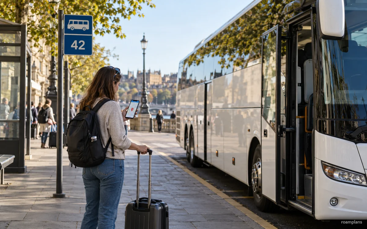 Traveler checking a designated coach pickup bay against a phone map