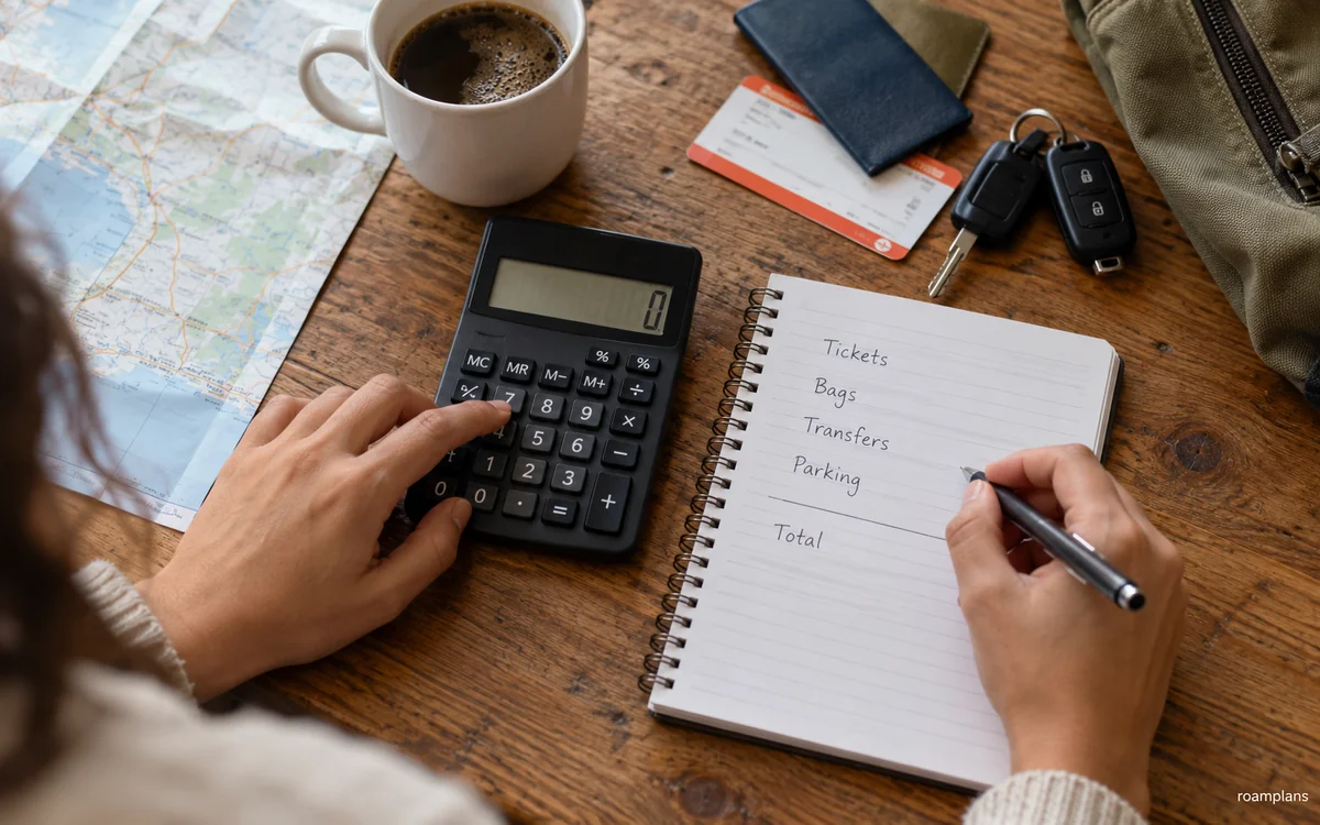 Traveler calculating tickets, luggage, transfers, fuel, tolls, and parking costs