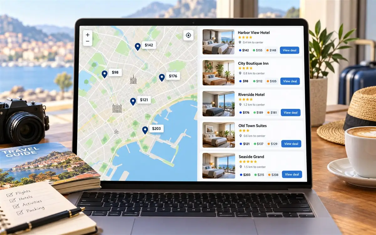 Google Hotels map with prices from several booking sources