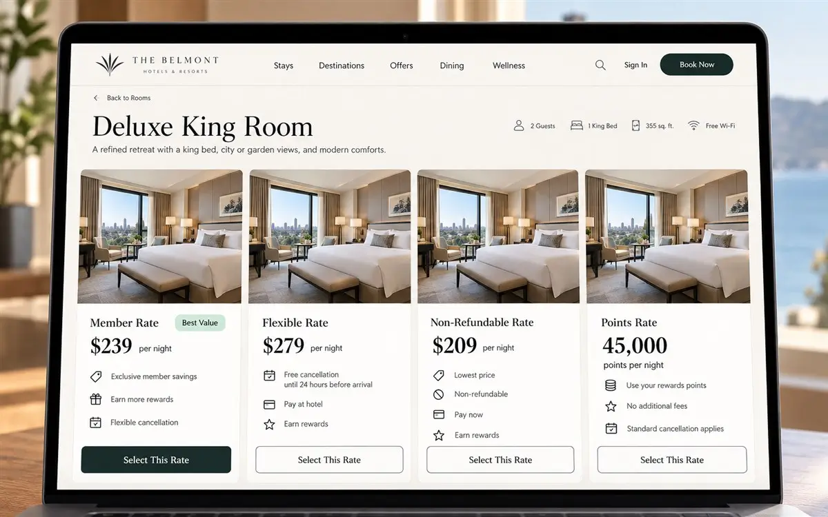 Hilton booking comparison showing member, flexible, non-refundable, and points rates