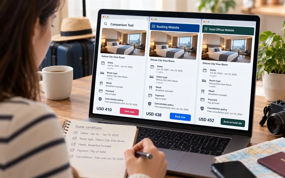 Traveler comparing the same hotel on a comparison tool, booking website, and official hotel website