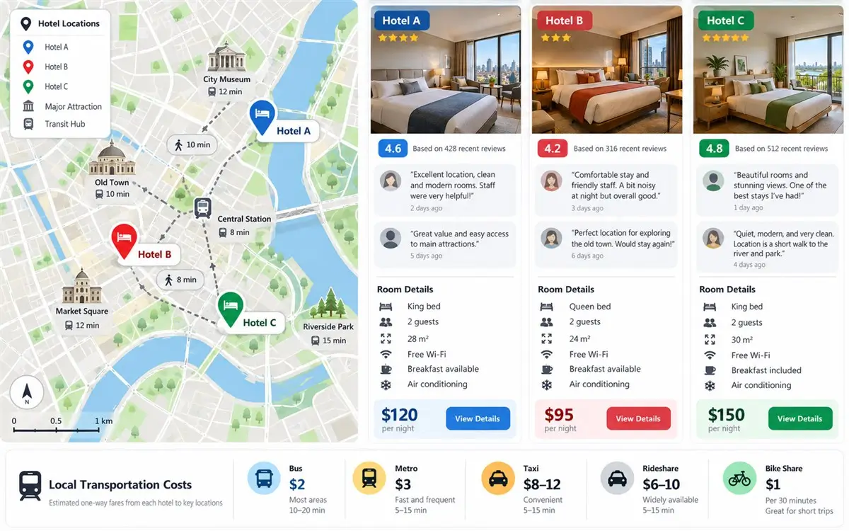 Hotel map, recent guest reviews, room details, and local transport cost comparison
