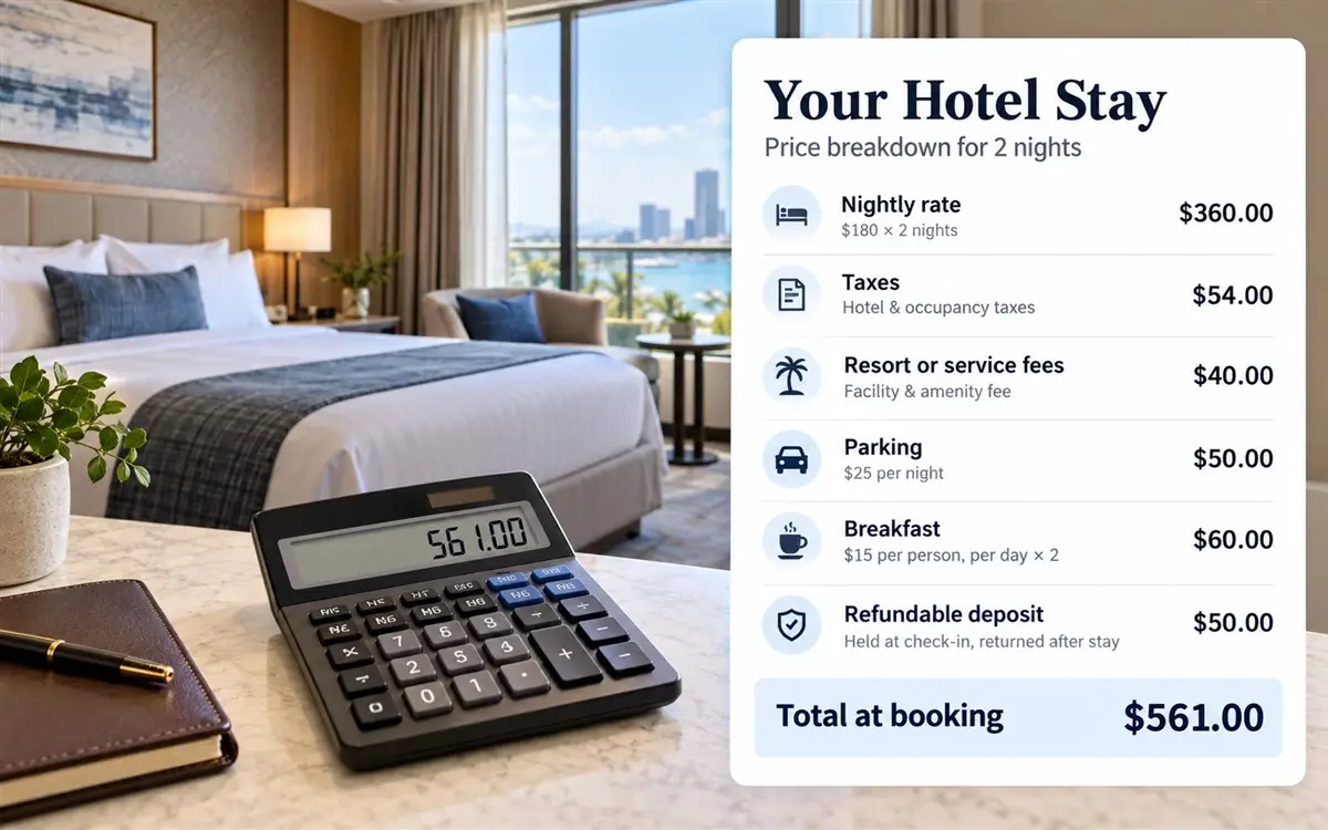 Hotel booking price breakdown showing taxes, fees, parking, breakfast, and deposit