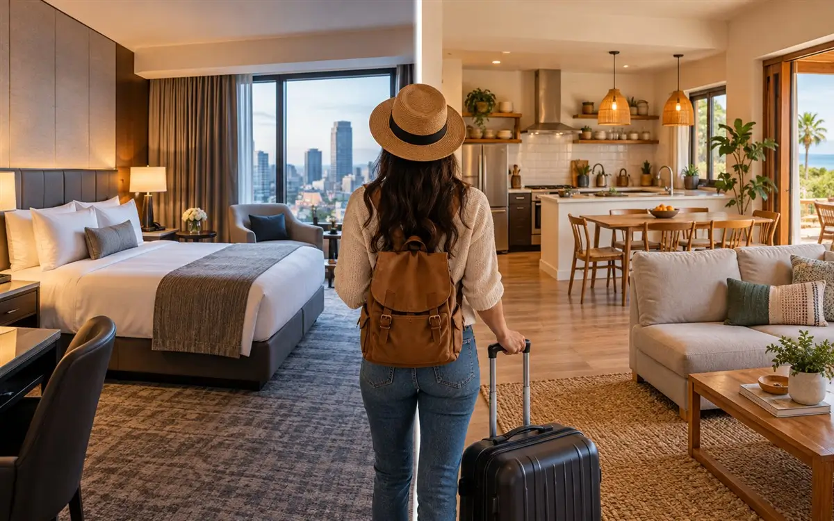 Traveler comparing a professional hotel room with a spacious apartment-style Airbnb