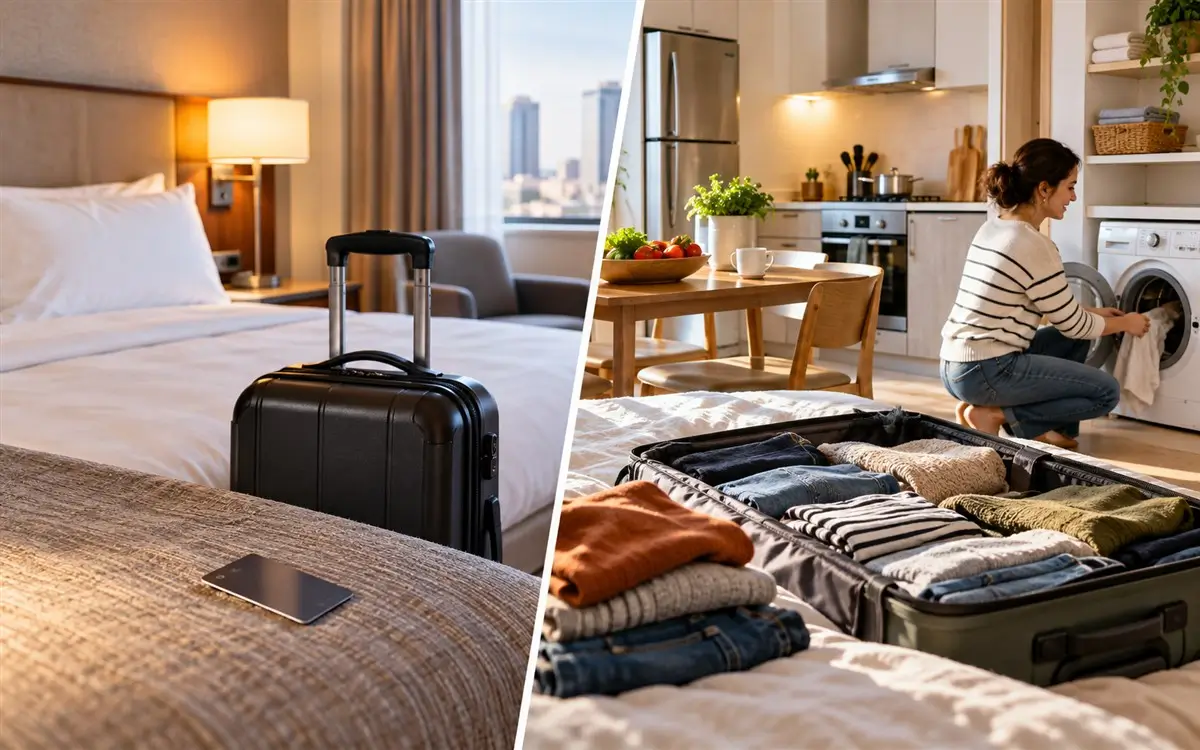 Traveler planning a short hotel stay and a longer apartment stay with kitchen and laundry facilities