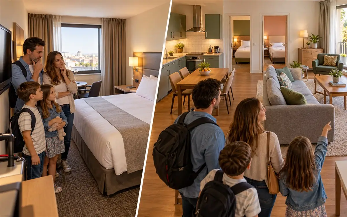 Family comparing a compact hotel room with an apartment that has separate bedrooms, a kitchen, and a living room