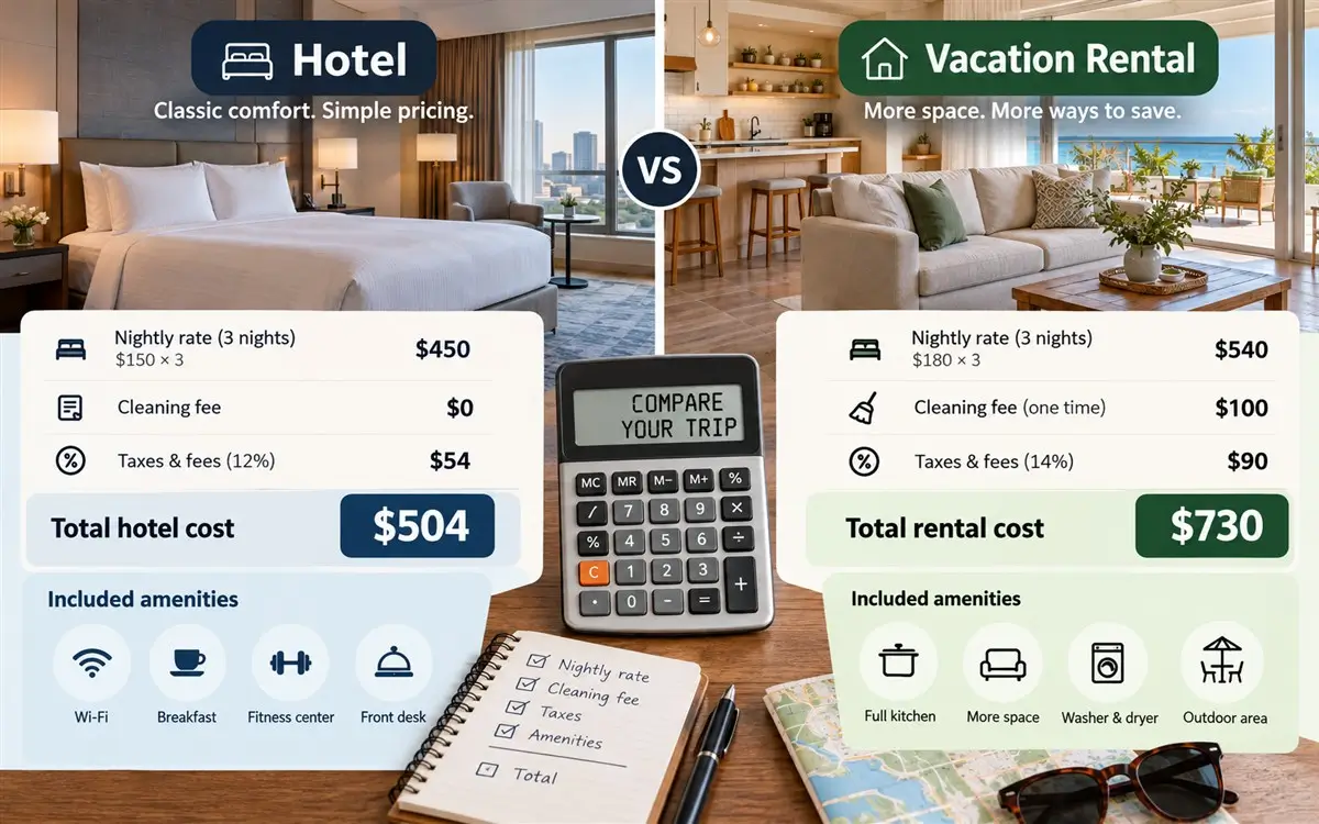 Traveler comparing total hotel and Airbnb costs including room rate, cleaning fee, taxes, and included amenities