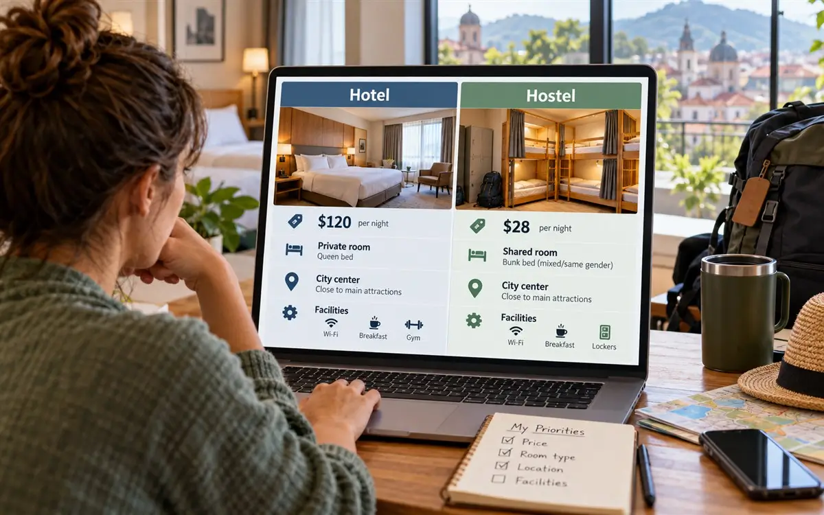 Solo traveler comparing hotel and hostel prices while reviewing room type, location, and included facilities