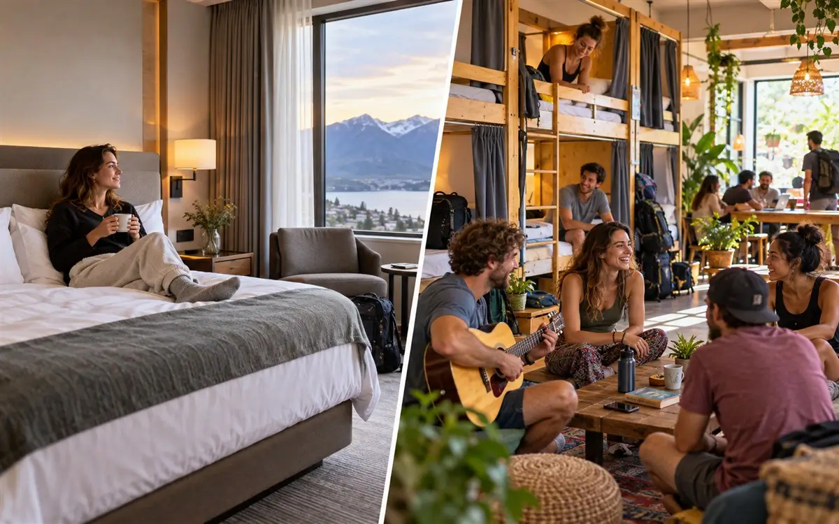 Traveler comparing a quiet private hotel room with a social hostel dormitory and shared lounge