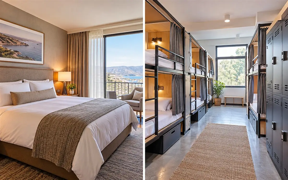 Private hotel bedroom compared with a hostel dormitory containing secure lockers and shared sleeping spaces