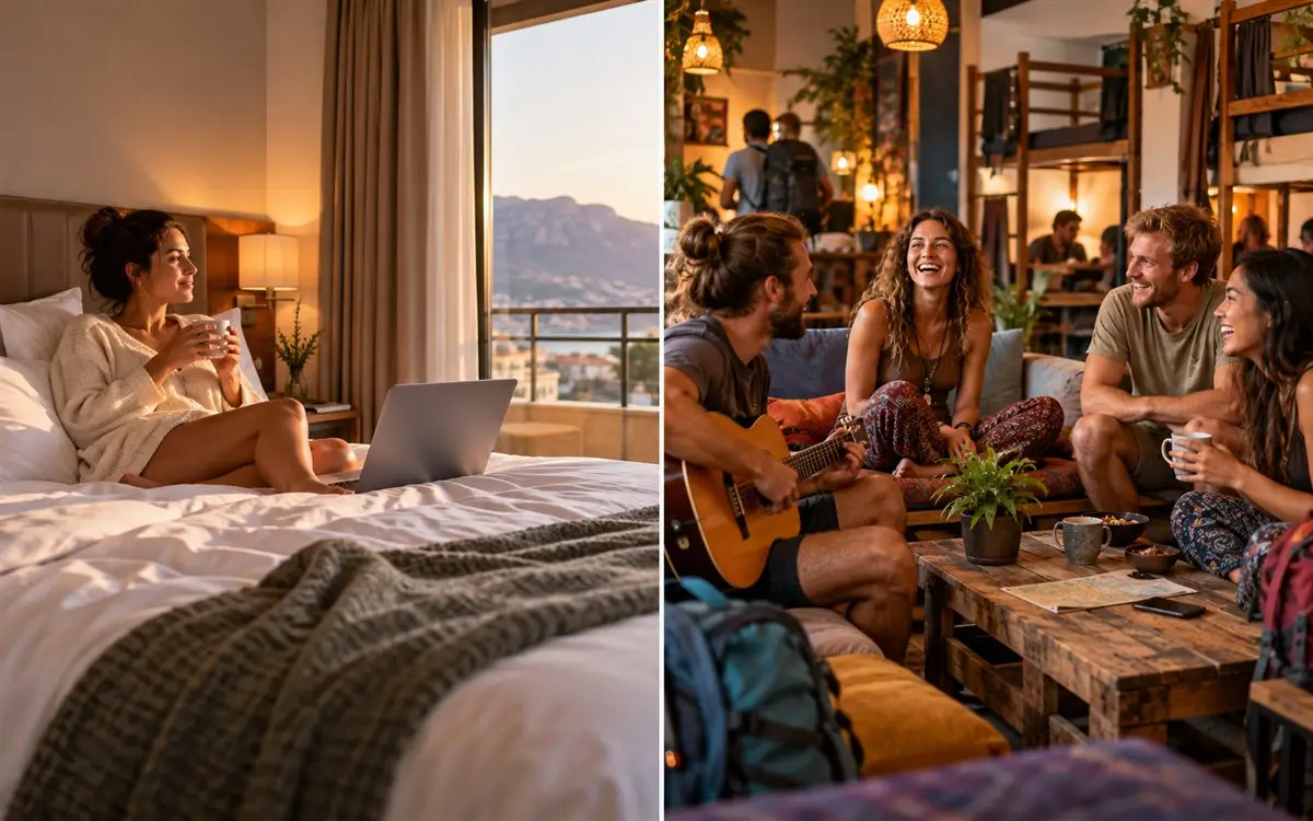 Solo traveler relaxing privately in a hotel and meeting other travelers in a hostel common room