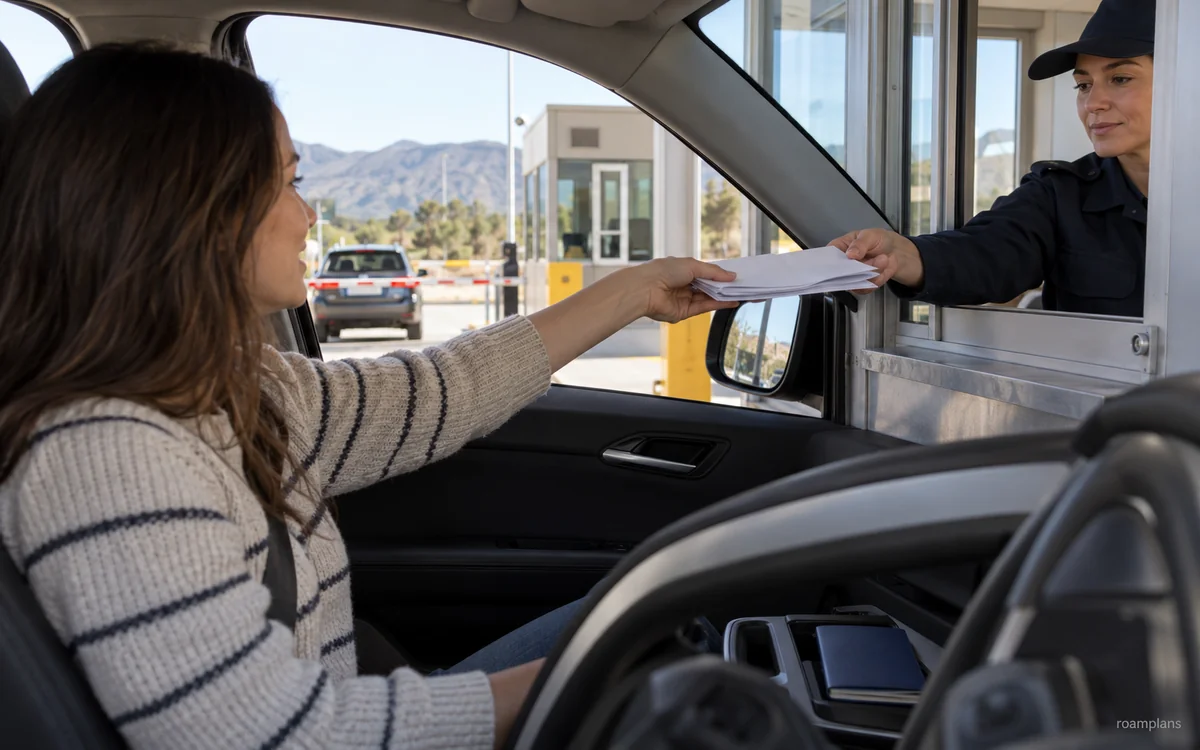 Driver handing paperwork to an official at a generic vehicle checkpoint