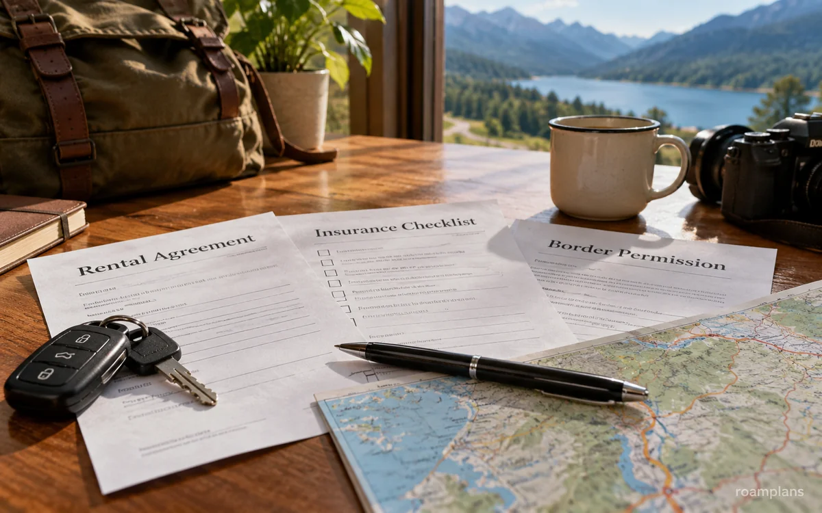Car keys, rental agreement, insurance certificate, border permission, and vehicle documents