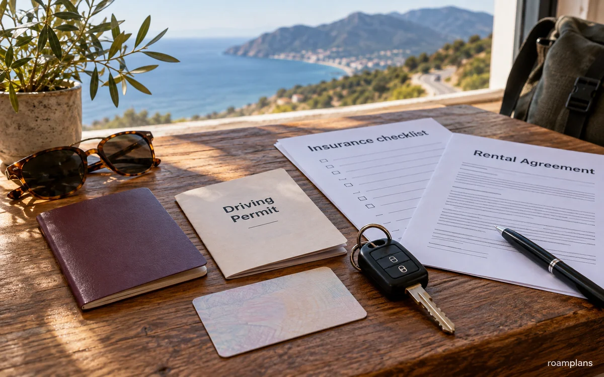 Illustrative driving-permit booklet, covered identity documents, insurance checklist and rental agreement