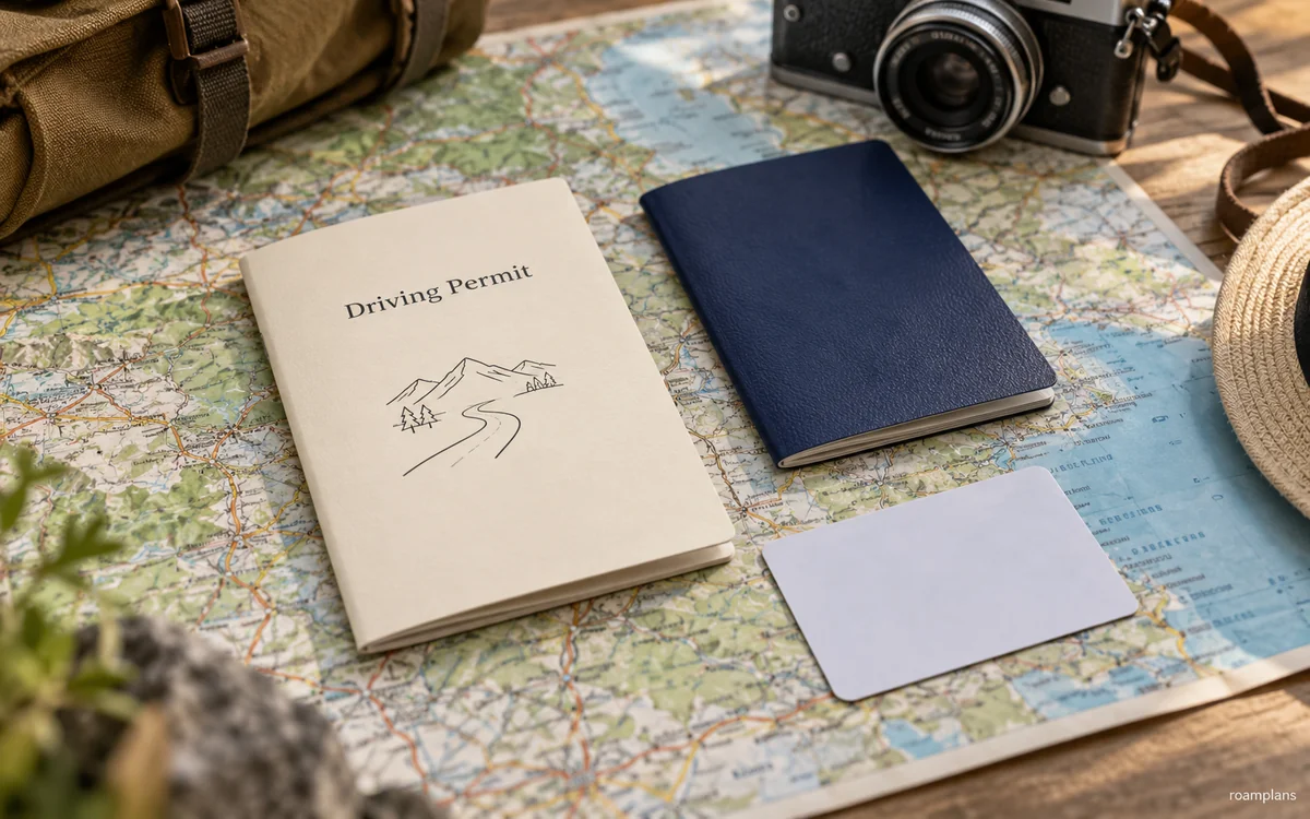Illustrative driving permit booklet beside a covered licence card and closed travel document